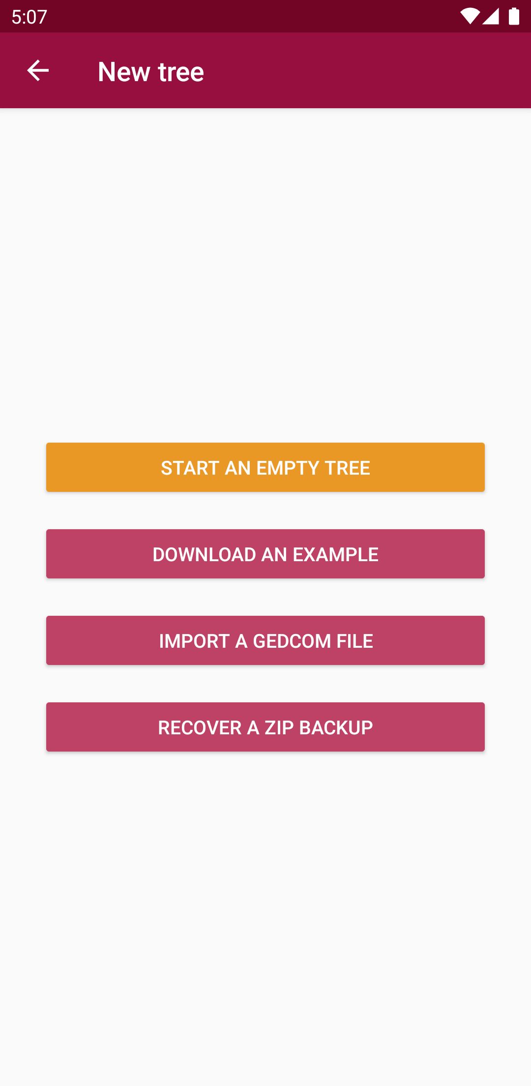 New tree creation and import options in Family Gem
