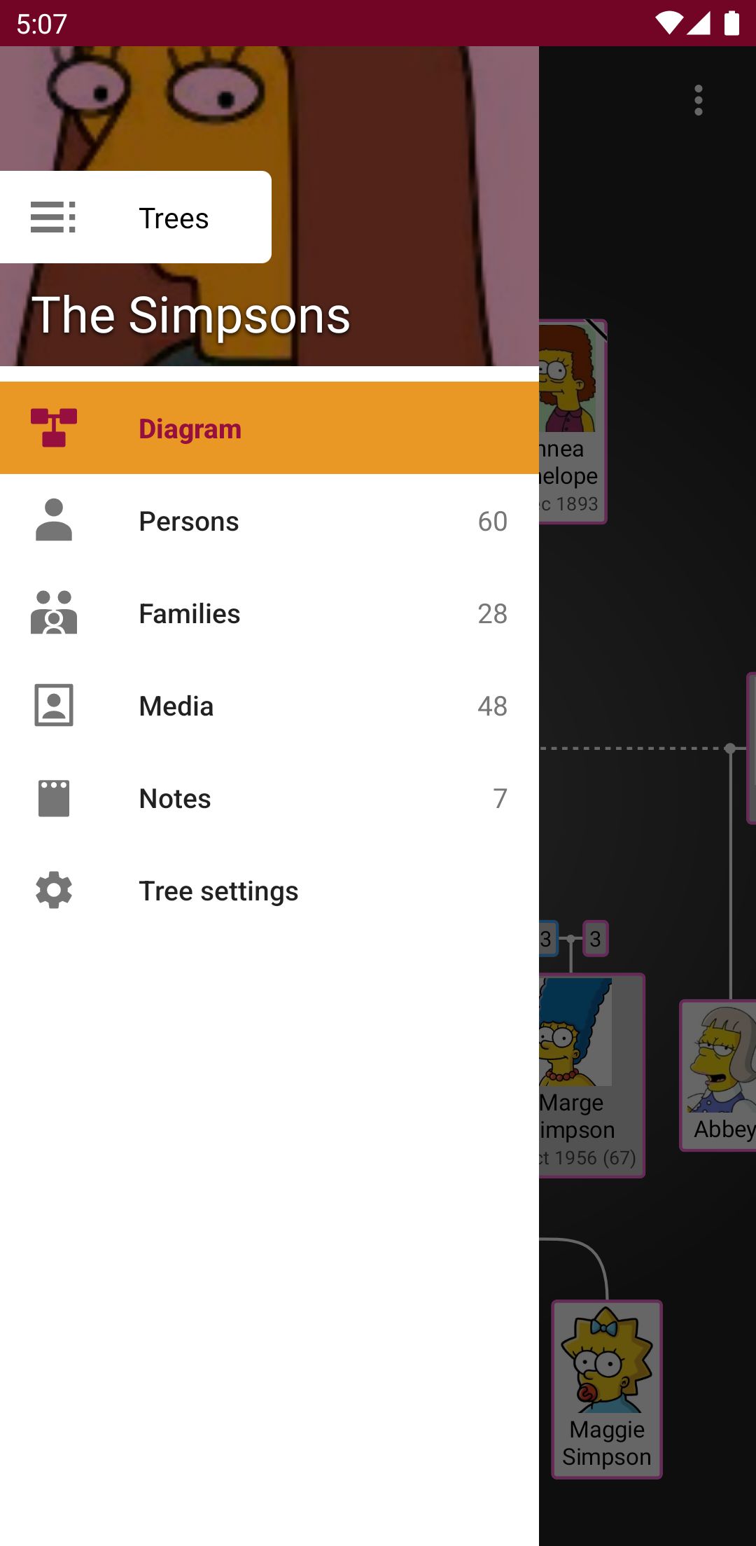 Navigation drawer showing Diagram, Persons, Families, Media and Notes